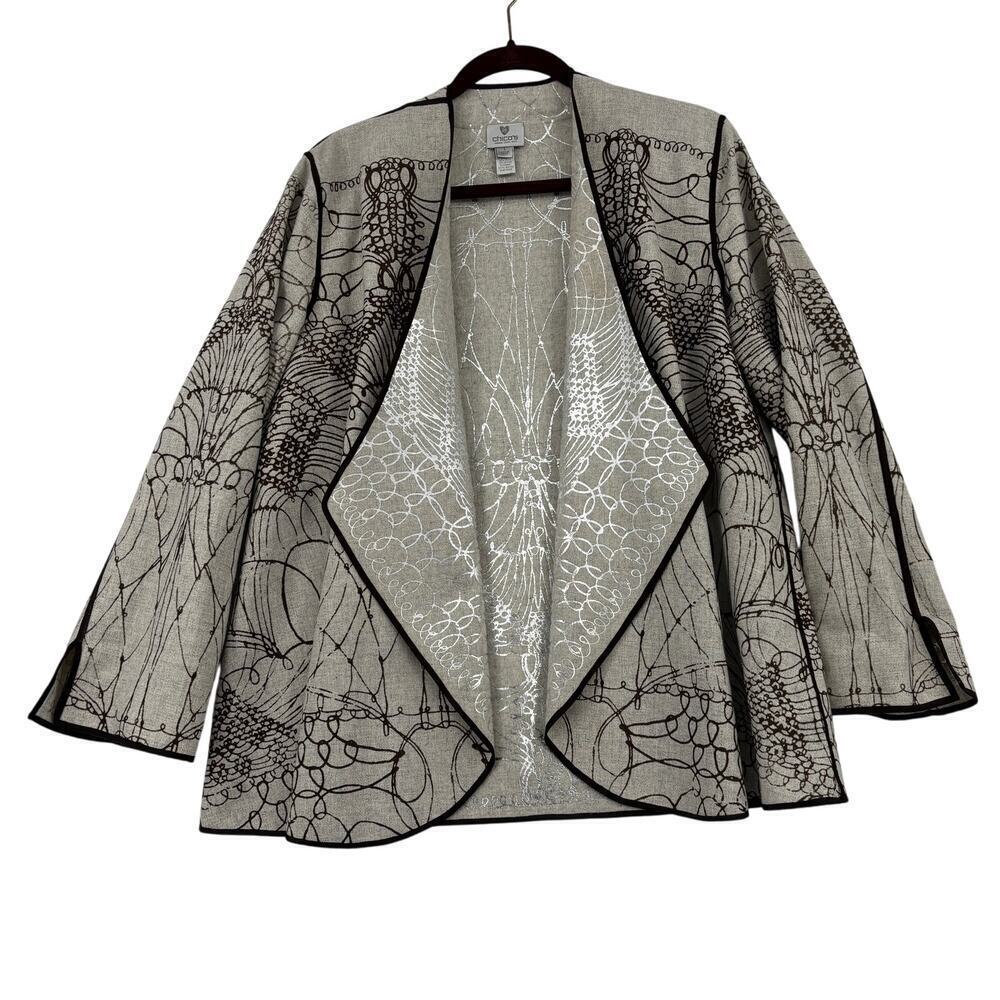 Chico's‎ Reversible Jacket Blazer Size M Beige Brown Embroiderd Wool Blend Open